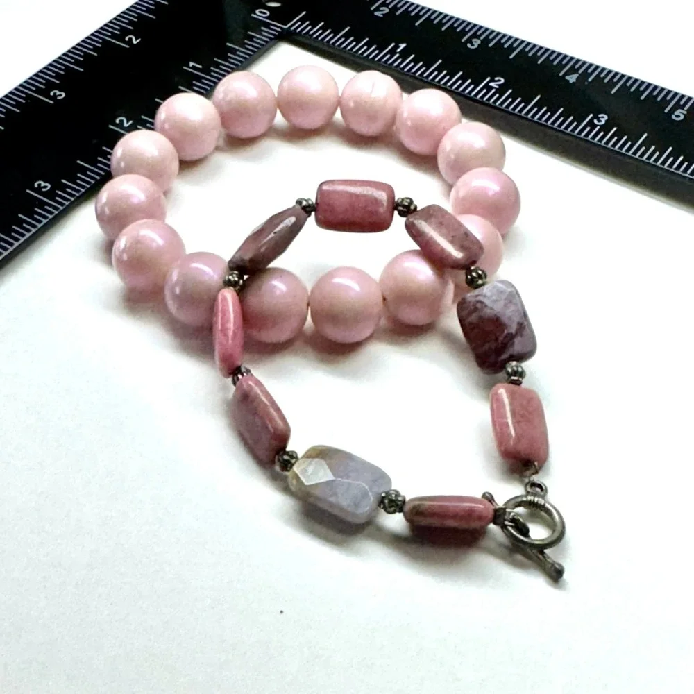 Chunky Pink Round Beads Mixed Gemstone‎ Style Toggle Bracelet Set of Two